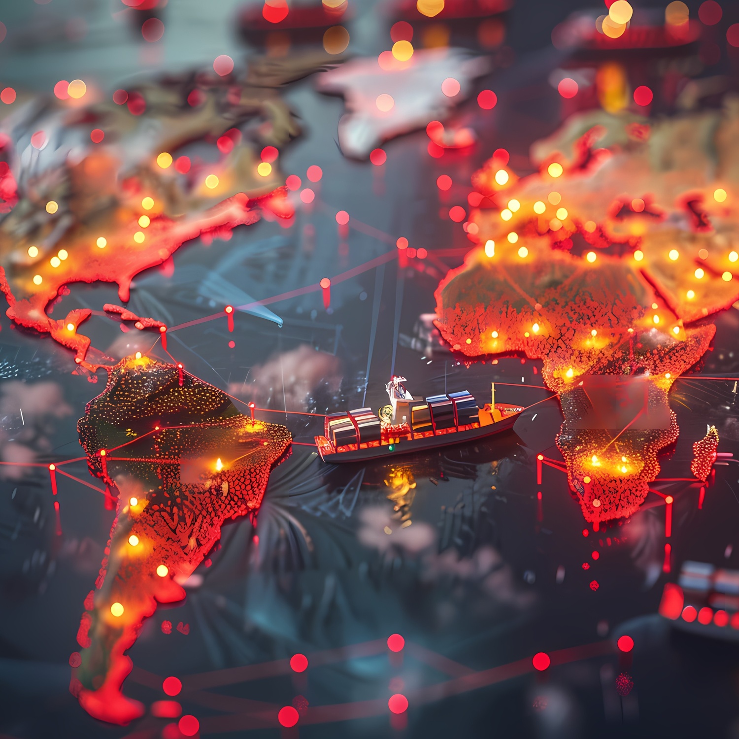 A digital representation of global freight and logistics connectivity, showing illuminated network lines linking cities across Europe, the Middle East, and Africa on a glowing Earth